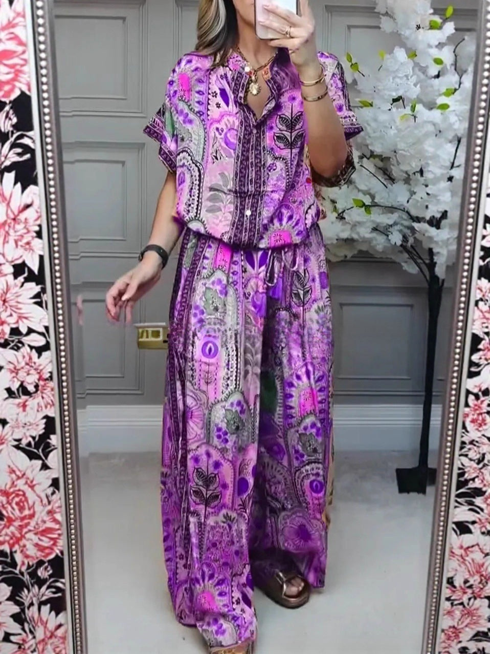 Damen nan Boho-Zweiteiler aus leichter Viskose mit Kurzarmbluse Knopfleiste Kordelbund und weitem Palazzohose Echo Archiv