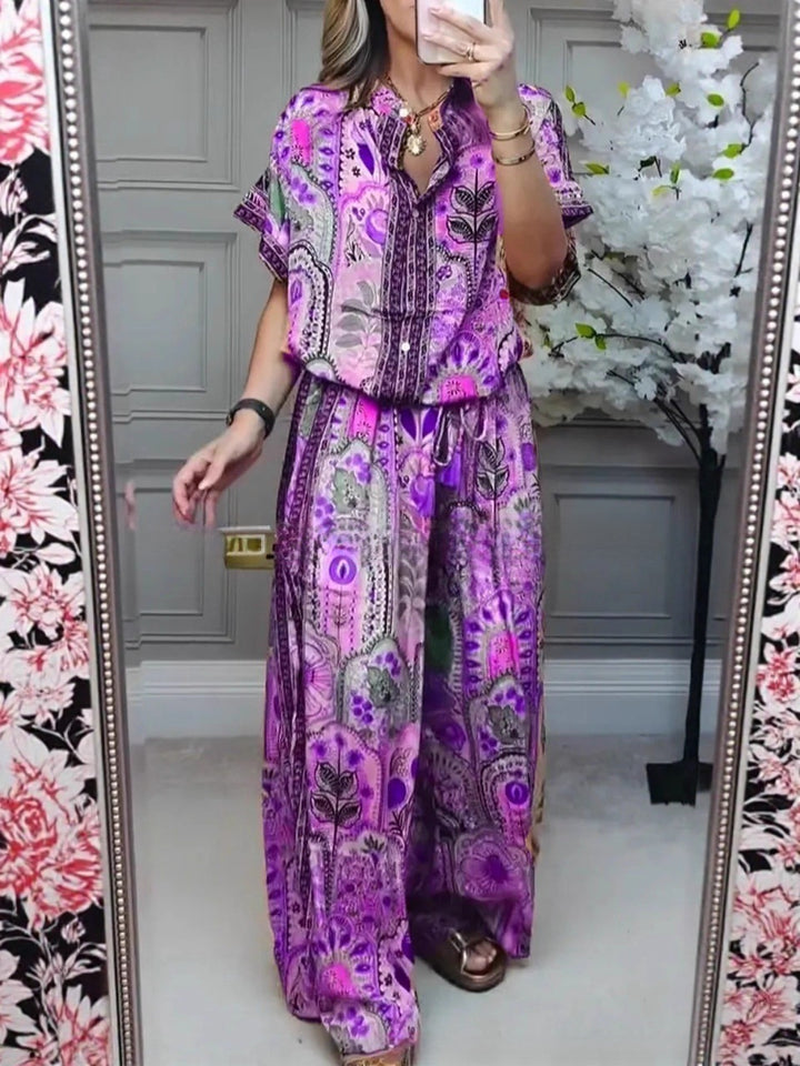 Damen nan Boho-Zweiteiler aus leichter Viskose mit Kurzarmbluse Knopfleiste Kordelbund und weitem Palazzohose Echo Archiv