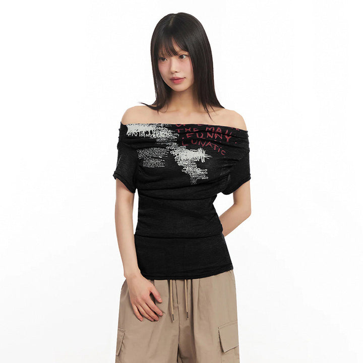Damen Off-Shoulder Shirt mit grafischem Druck Echo Archiv