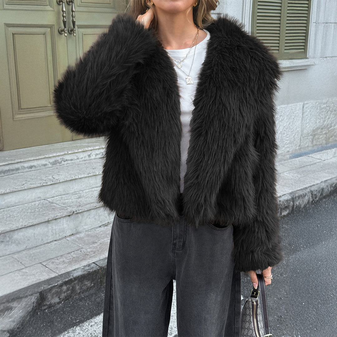 Damen kurzer Faux‑Fur‑Mantel mit breitem Stehkragen, dichter Flor und wärmender Innenfütterung – Avérine
