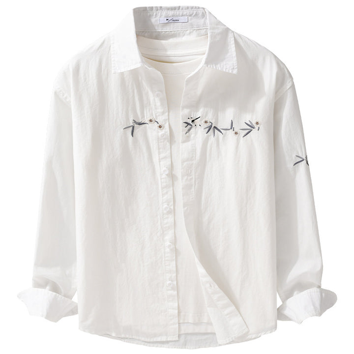 Damen Lockeres besticktes Baumwoll-Overshirt mit Kentkragen und Layering‑Detail Echoarchiv