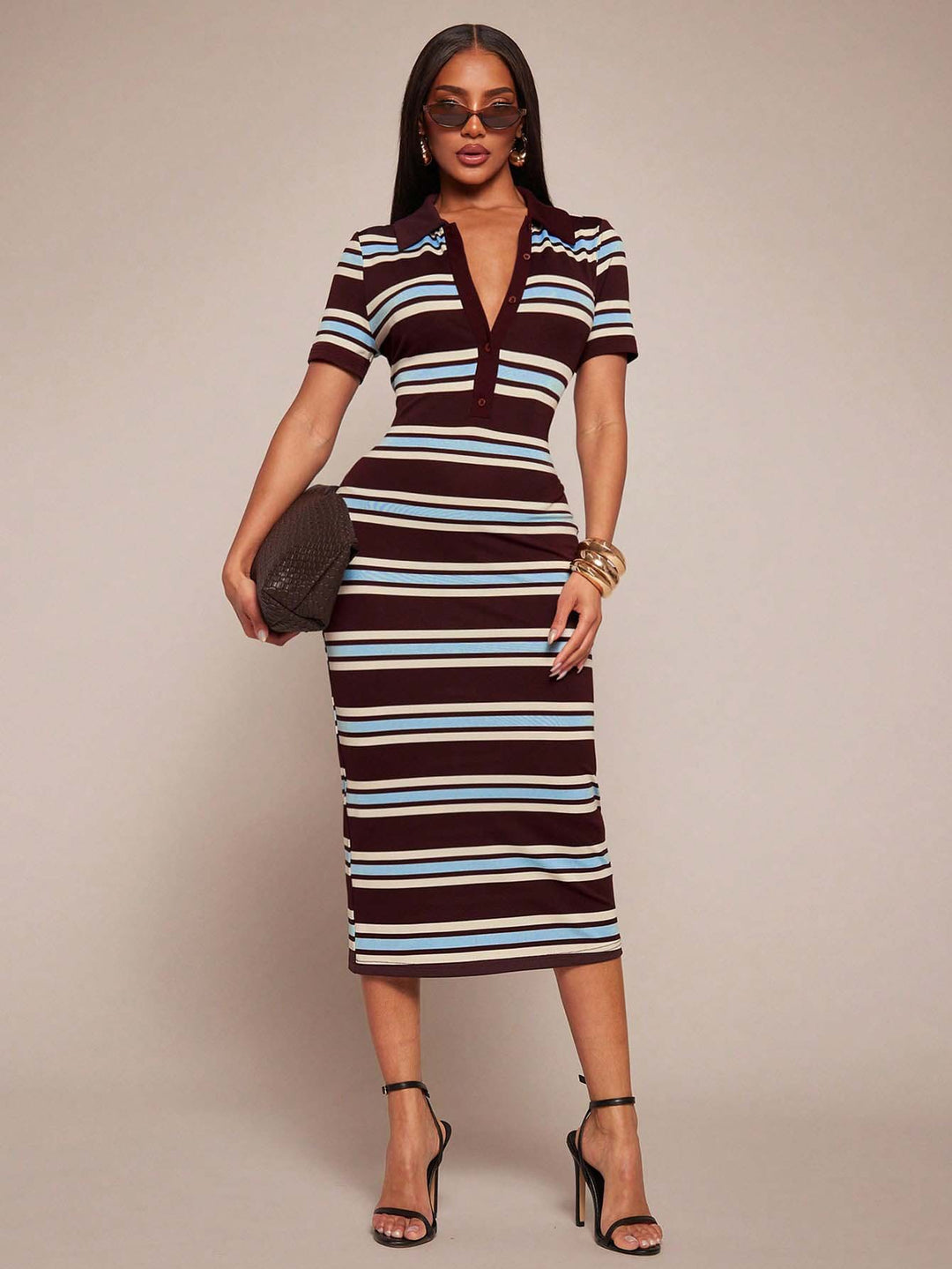 Damen Figurbetontes Polokleid im Streifen‑Look aus Rippstrick mit kurzem Ärmel – Élara