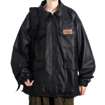 Unisex Oversized Utility Lederimitat Jacke mit Mehreren Klappentaschen Echoarchiv
