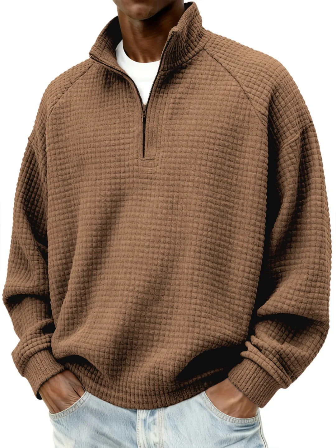 Herren Waffelstrick-Oversize-Pullover mit Halbreißverschluss und Stehkragen Echoarchiv