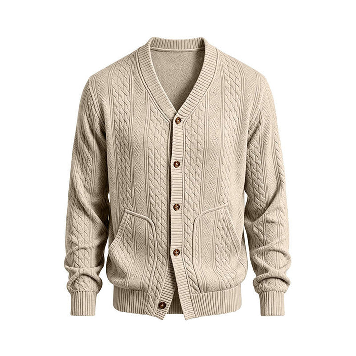 Herren Gestrickte Strickjacke mit Zopfmuster, V‑Ausschnitt und aufgesetzten Taschen – Taviero