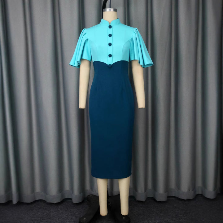 Damen figurbetontes Kleid mit eleganter Stehkragen und kunstvollen Puffärmeln Echo Archiv