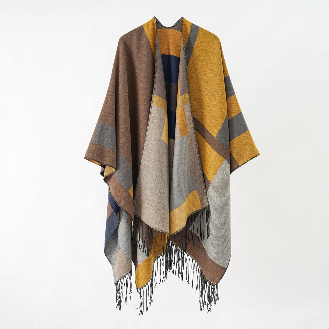 Damen Jacquard-Überwurfponcho im Cape-Schnitt mit feinem Fransensaum Echo Archiv