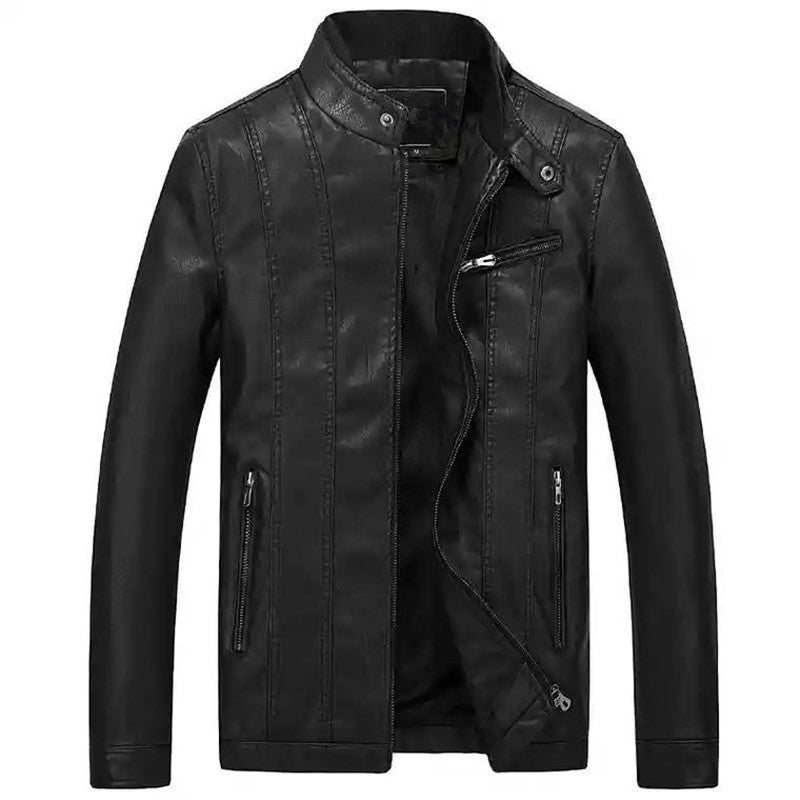 Herren Slim-Fit Kunstlederjacke im Bikerstil mit Stehkragen und vertikalen Ziernähten Echoarchiv