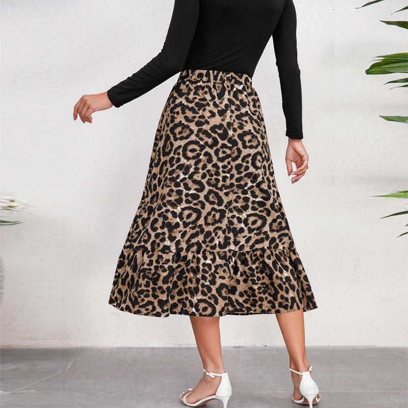 Damen Midirock mit elastischem Bund, Leopardenmuster und Volantbesatz – Avérine