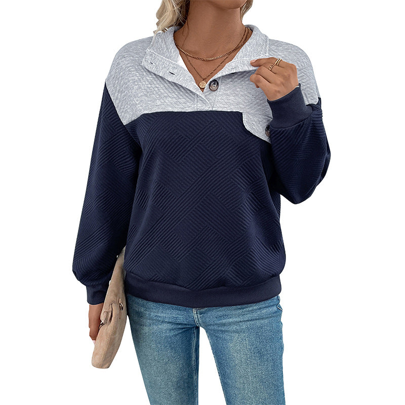 Damen Strukturierter Stehkragen-Sweatshirtpullover mit Knopfleiste Echoarchiv