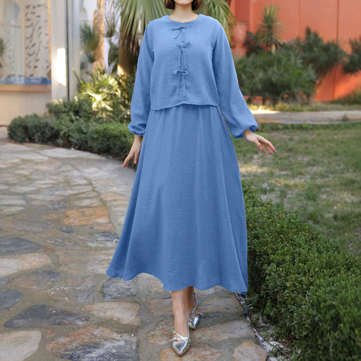 Damen Langes Zweiteiliges Maxikleid mit Überwurf, Rundhals und Zierknoten – Valéora