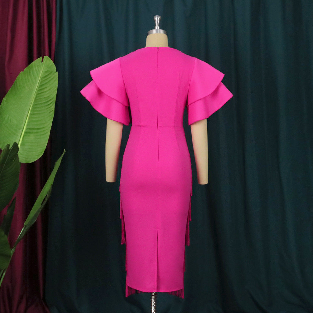 Damen Cocktailkleid mit voluminösen Rüschenärmeln und Fransen-Saum Echo Archiv