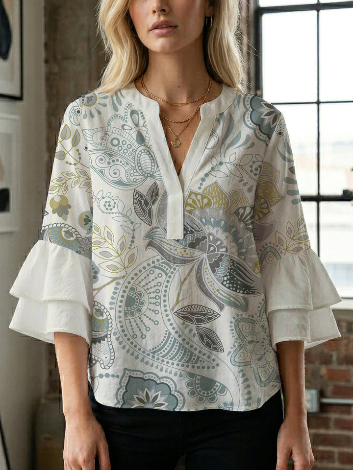 Damen Bluse mit voluminösen Rüschenärmeln und kreativem Floraldesign Echo Archiv