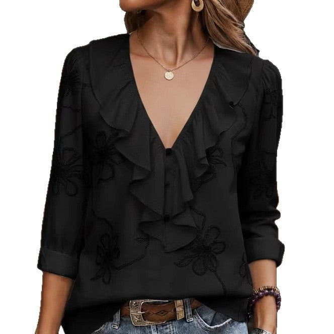 Damen elegante Bluse mit Volant und floralem Stickmuster Echo Archiv
