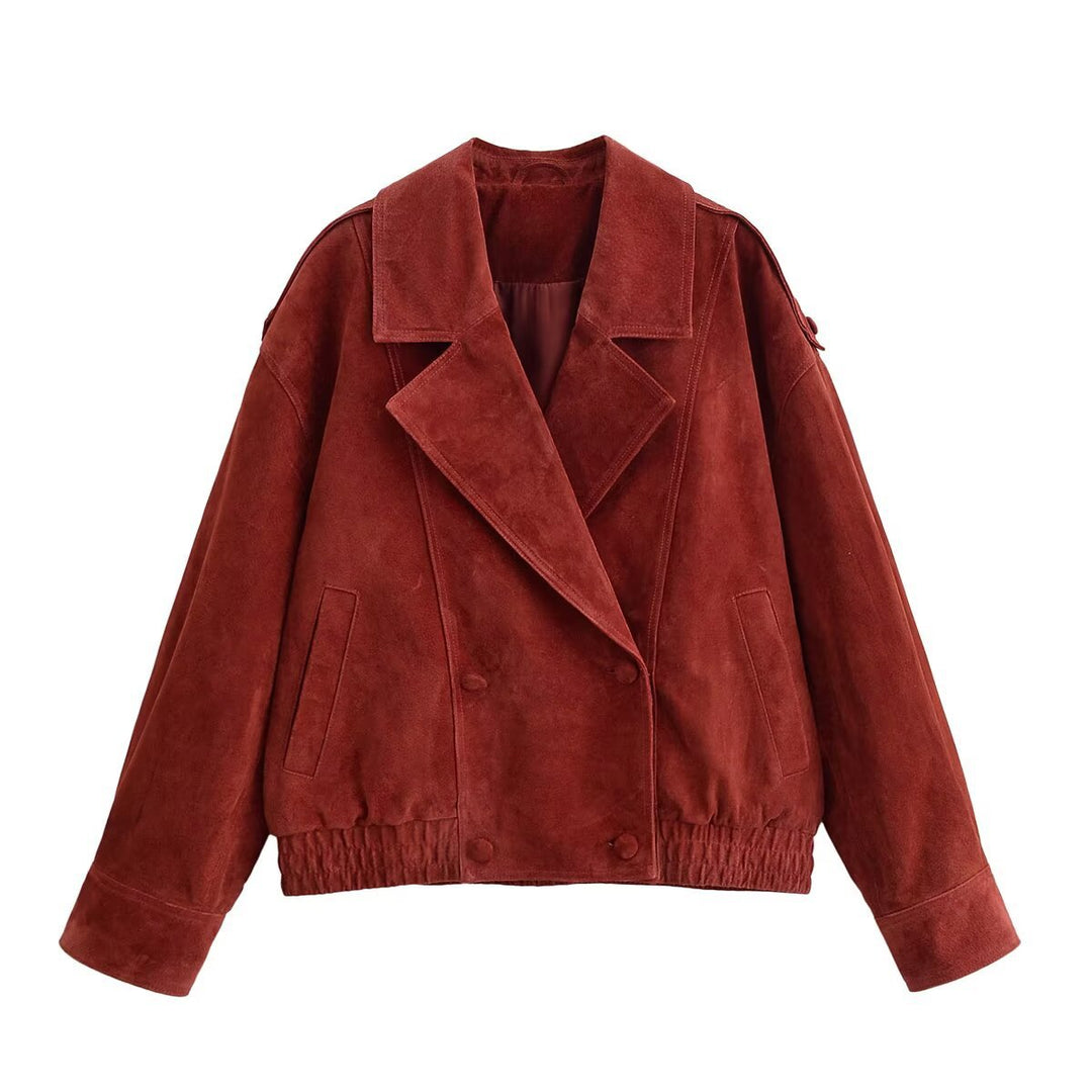 Damen Kurzblouson aus Veloursleder mit oversized Silhouette und doppelreihigem Revers Echo Archiv