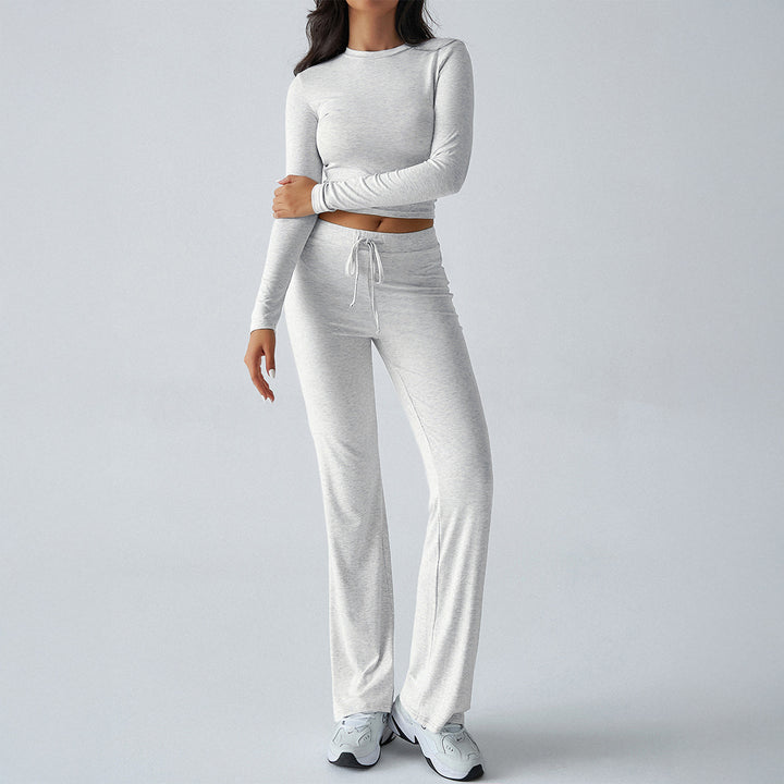 Damen nan tailliertes Longsleeve-Crop-Top und weite Lounge-Hose im Zweiteiler-Set aus Stretchjersey Echo Archiv