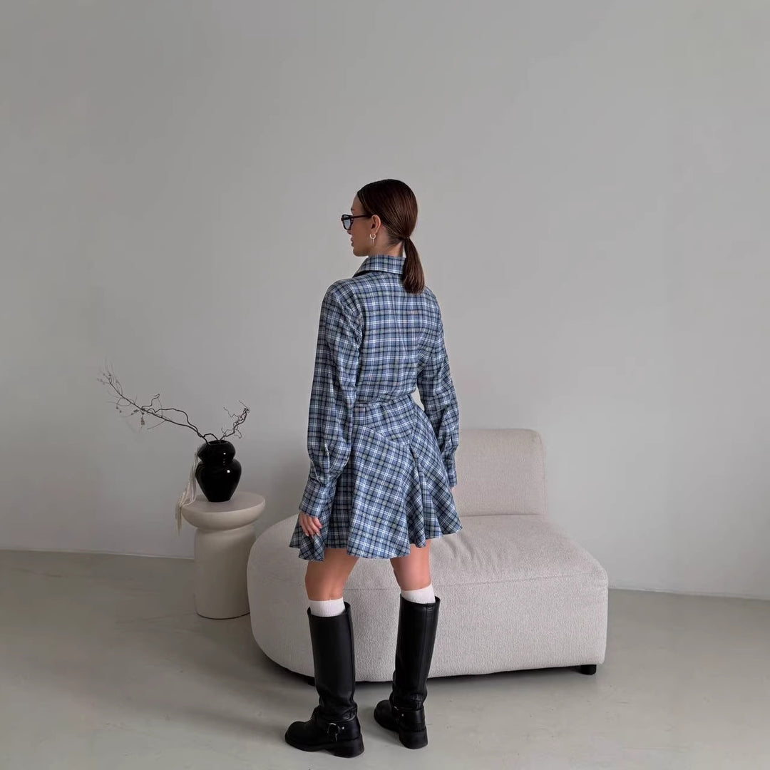 Damen Kariertes Hemdblusen-Minikleid mit ausgestellter Volant-Taille Echoarchiv