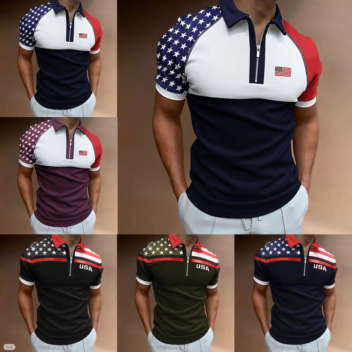 Herren Zip-Up Performance Polo-Shirt mit amerikanischer Flaggen-Applikation Echoarchiv