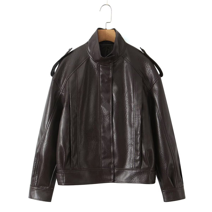 Damen Cropped Bomberjacke aus Kunstleder mit hohem Stehkragen und Schulterklappen Echoarchiv