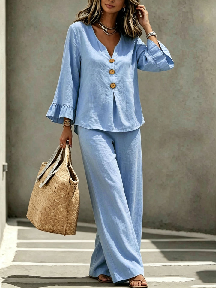 Damen Leinenoptik-Loungewear-Set mit V-Ausschnitt Holzknopfleiste und Volantärmeln Echoarchiv