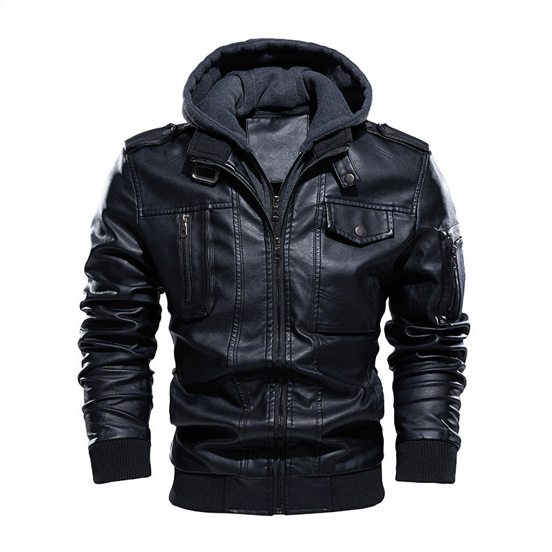 Herren Stilvolle und bequeme Lederjacke mit abnehmbarer Kapuze Echoarchiv