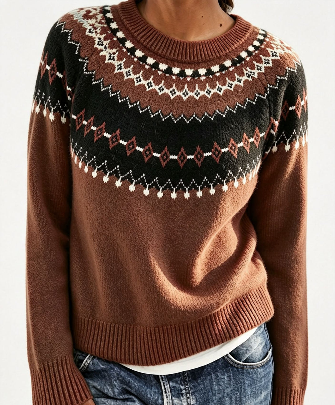 Damen Rundhalsausschnitt Norweger-Pullover mit Fair-Isle-Jacquard – Mavelle