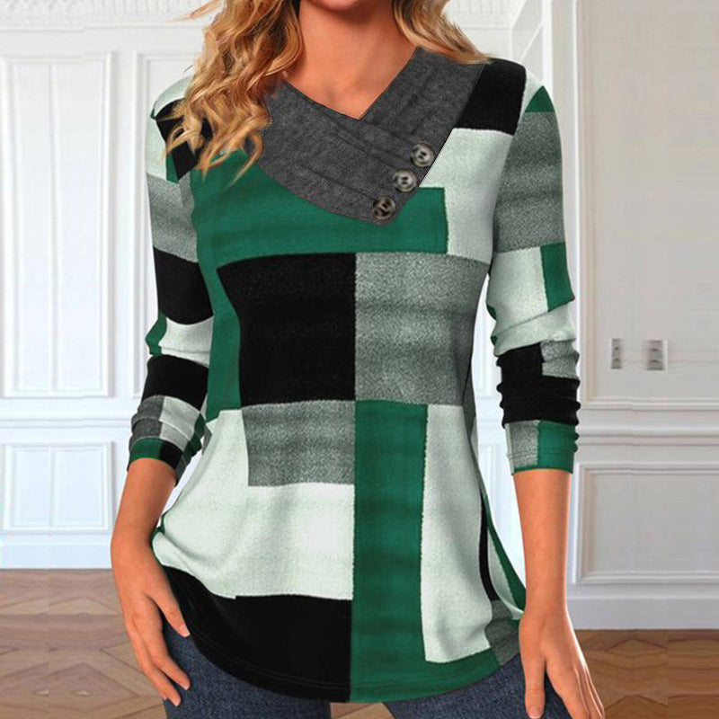 Damen Longsleeve-Tunika mit geometrischem Colorblock und asymmetrischem Knopf-V-Ausschnitt – Avérine