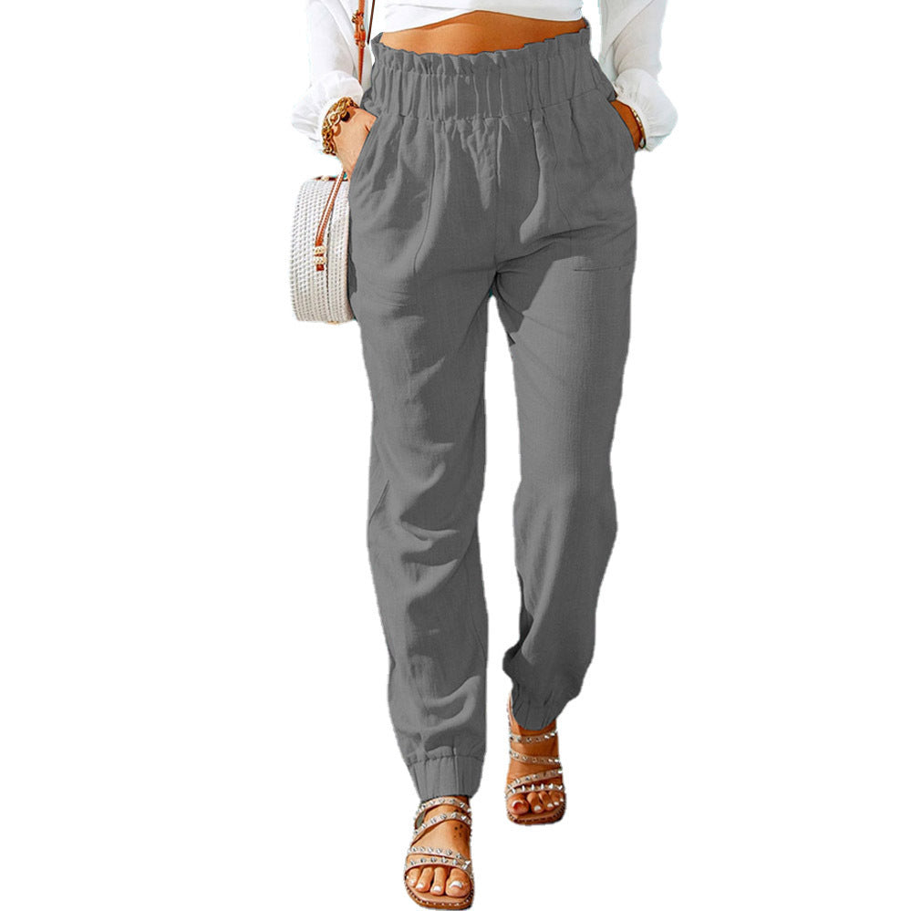 Damen Hochtaillierte Leinenoptik-Joggerhose mit elastischem Rüschbund und Eingrifftaschen Echoarchiv
