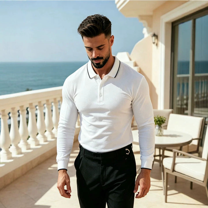 Herren Langärmeliges Funktions-Poloshirt mit Piquéstruktur und Kontrastkragen – Cavello