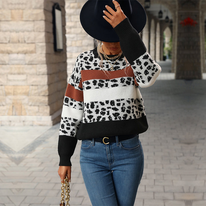 Damen Feinstrickpullover mit Animalprint‑Blockstreifen und geripptem Saum Echoarchiv