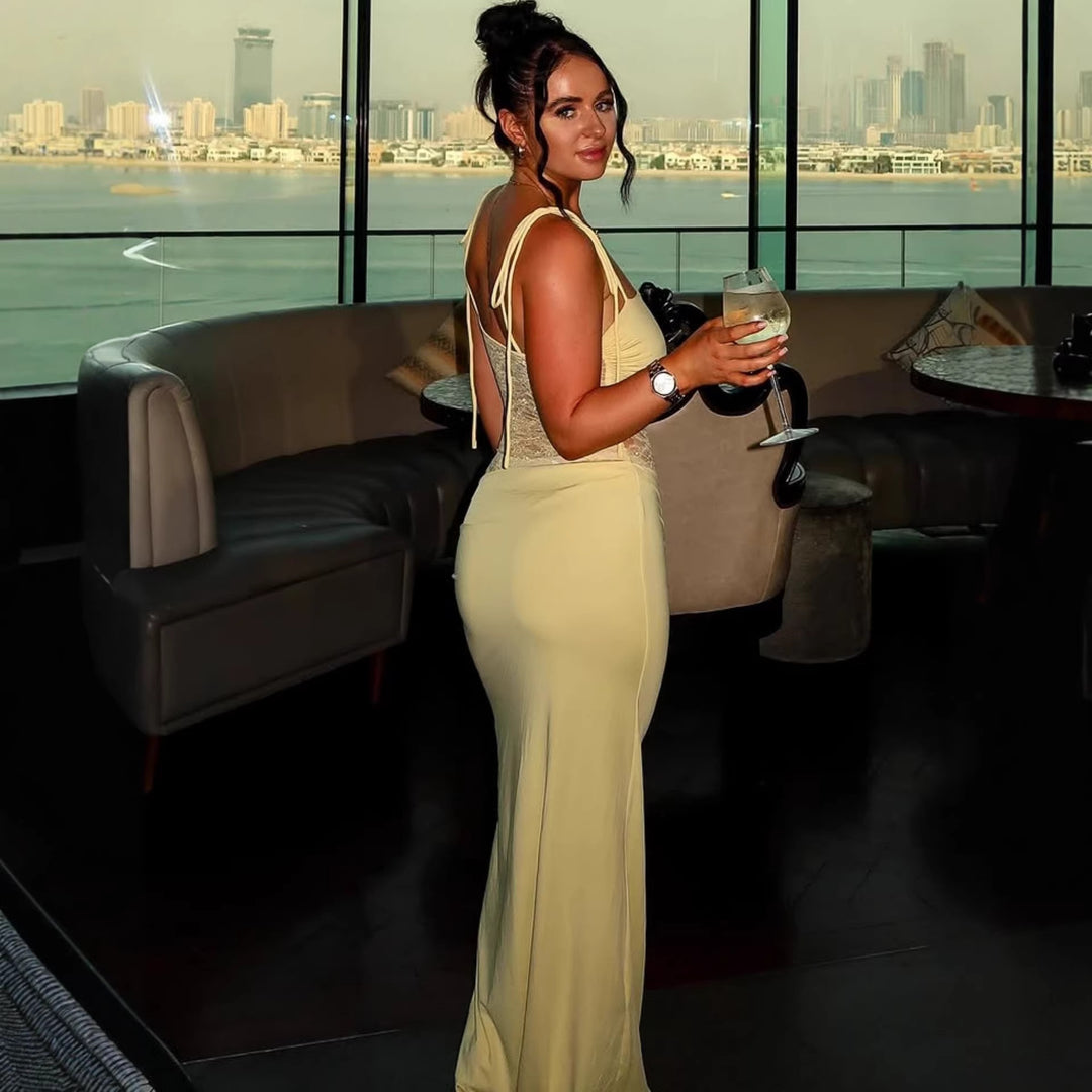 Damen elegantes langes Kleid mit raffiniertem Spitzenoberteil und verstellbaren Trägern Echo Archiv