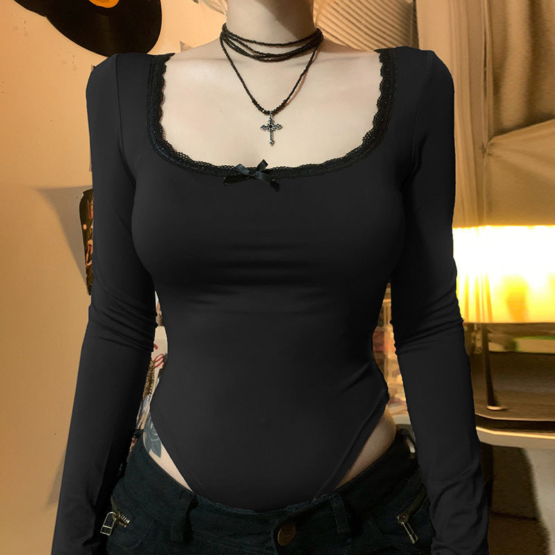 Damen Elegantes Langarm-Bodysuit mit Zierborte Echo Archiv