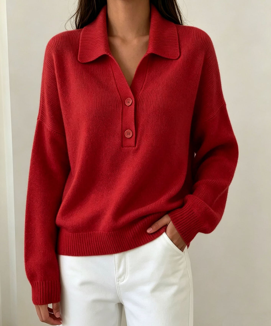 Damen Polokragen-Pullover mit halber Knopfleiste und geripptem Saum – Mavelle