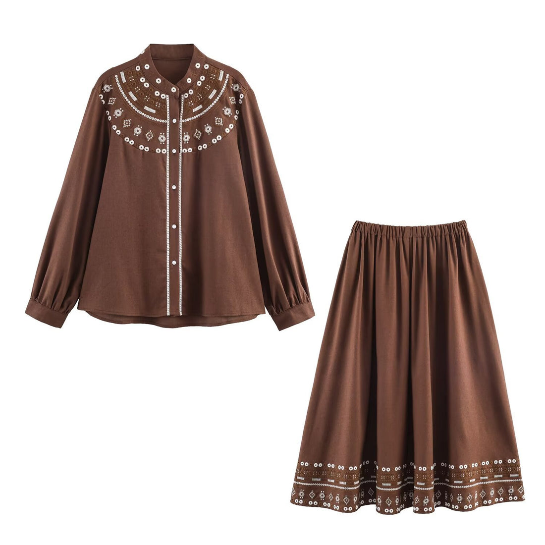 Damen zweiteiliges Blusen- und Midirock-Set mit besticktem Yoke und Pailletten Echoarchiv