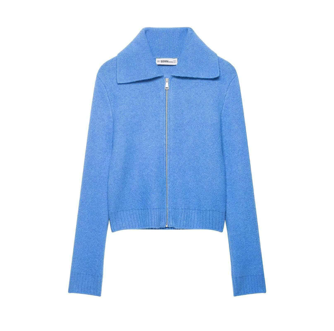 Damen nan kurz geschnittene Strickjacke mit Reißverschluss, breitem Umlegekragen und Rippbund Echo Archiv