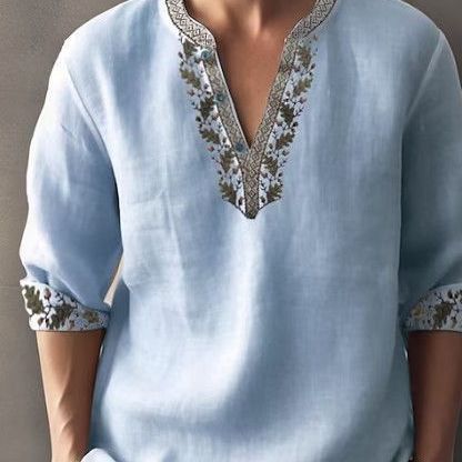 Herren Leinenbluse mit extravagantem Blumenmuster und eleganten Knopfdetails Echoarchiv