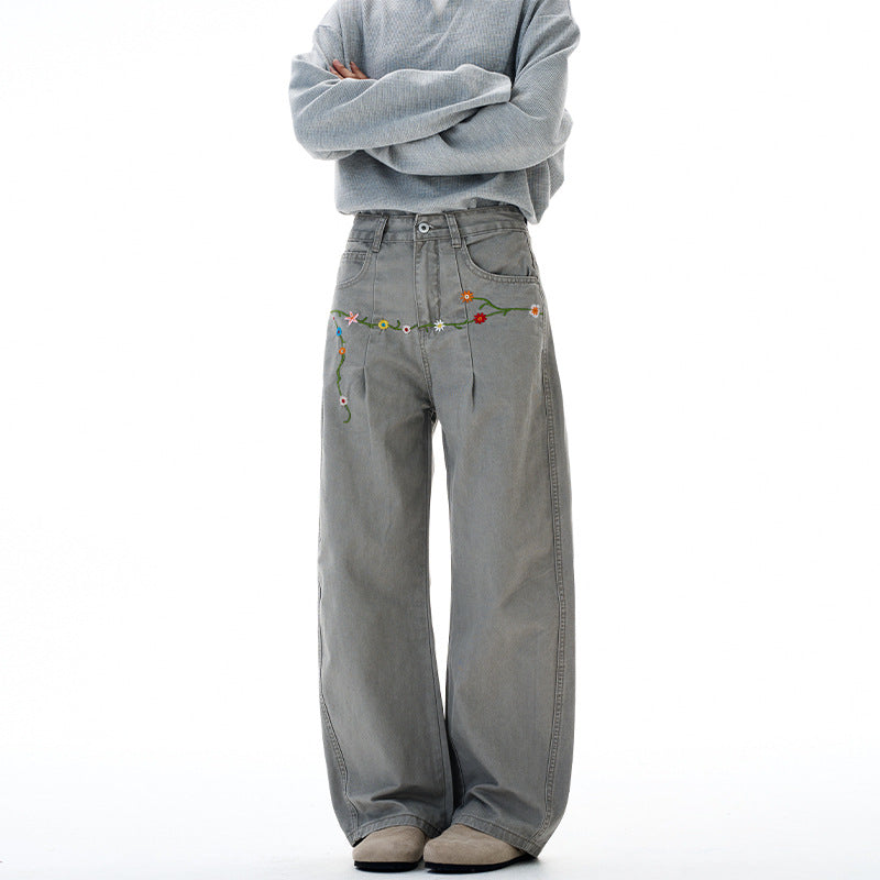 Damen Extraweite Denim-Palazzohose mit floraler Stickerei Echo Archiv