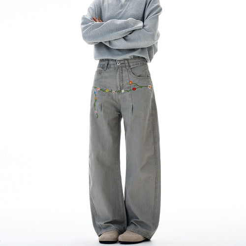 Damen Extraweite Denim-Palazzohose mit floraler Stickerei Echo Archiv