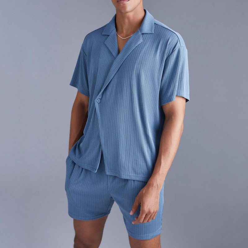 Herren lässiges Kurzarmhemd und Shorts Set mit feiner Rippstruktur Echoarchiv