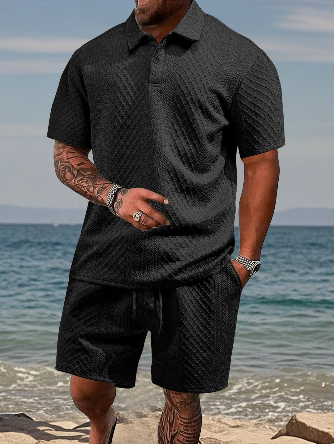 Herren nan geprägtes Strand-Ensemble mit offenem Kurzarm-Hemd und Kordel-Bermuda Echoarchiv