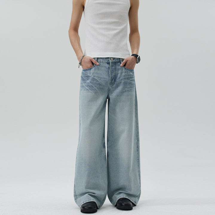 Damen Extraweite Stonewashed Denim-Palazzohose mit tiefem Schritt und geradem Saum Echo Archiv