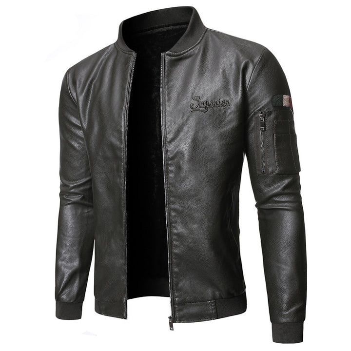 Herren eleganter Kunstlederjacke mit praktischem Stehkragen und modischen Reißverschlüssen Echoarchiv