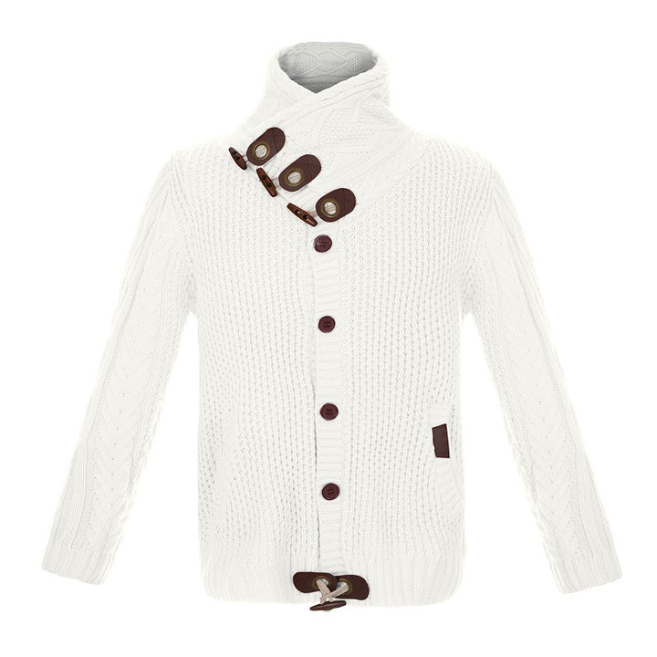 Herren gestrickter Cardigan mit hohem Kragen und modernen Holzknebel Echoarchiv