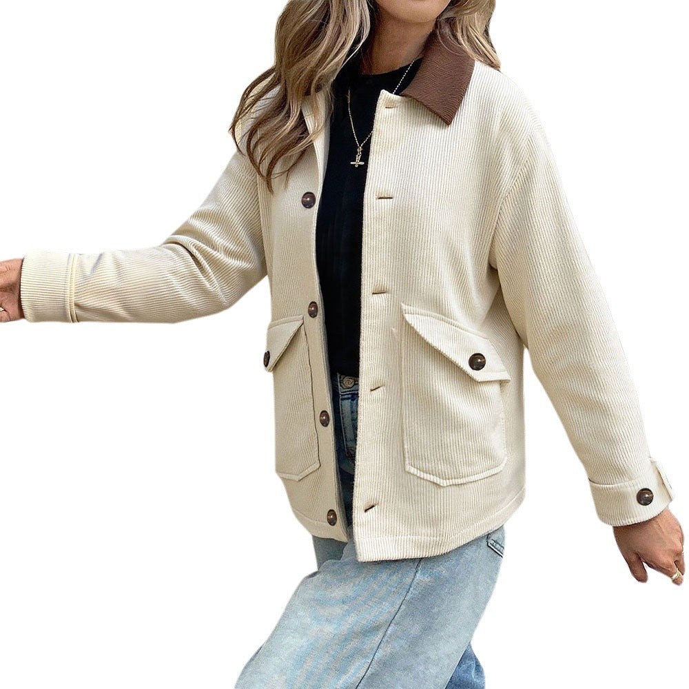 Damen Cordjacke mit kontrastkragen, aufgesetzten Taschen und Knopfleiste – Célinea