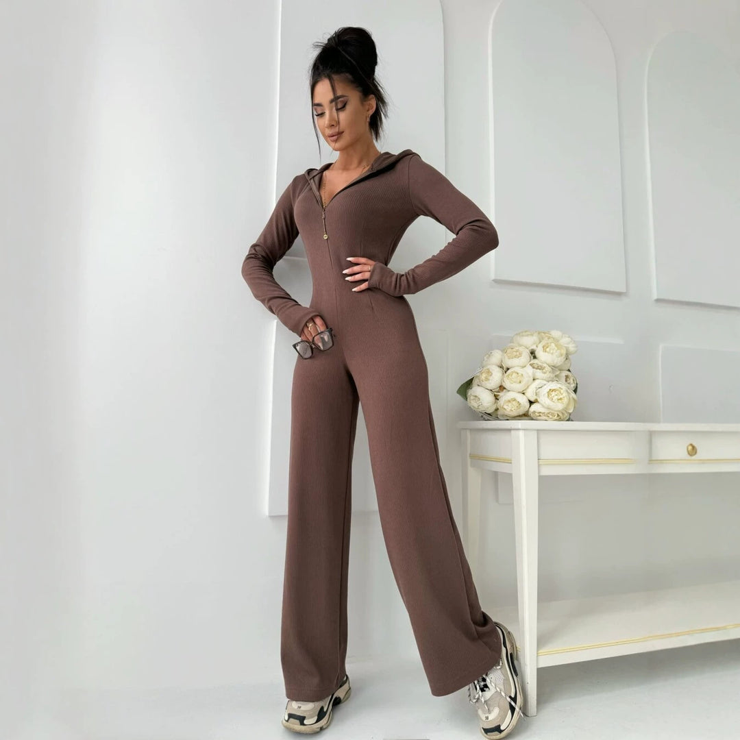 Damen Rippstrick Jumpsuit mit Kapuze und Front-Reißverschluss Echoarchiv