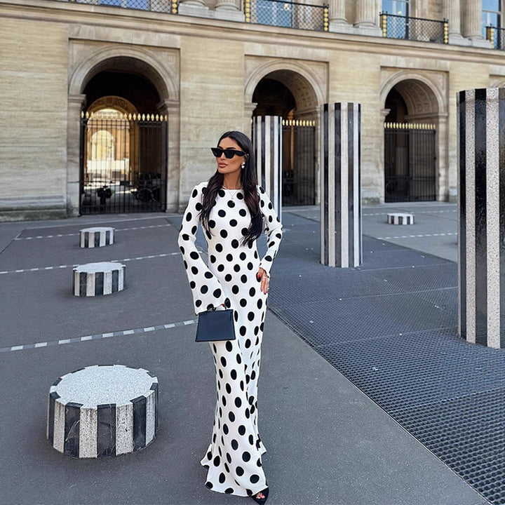 Damen Figurbetontes Polka-Dot Maxikleid mit Trompetenärmeln & Rundhalsausschnitt Echoarchiv