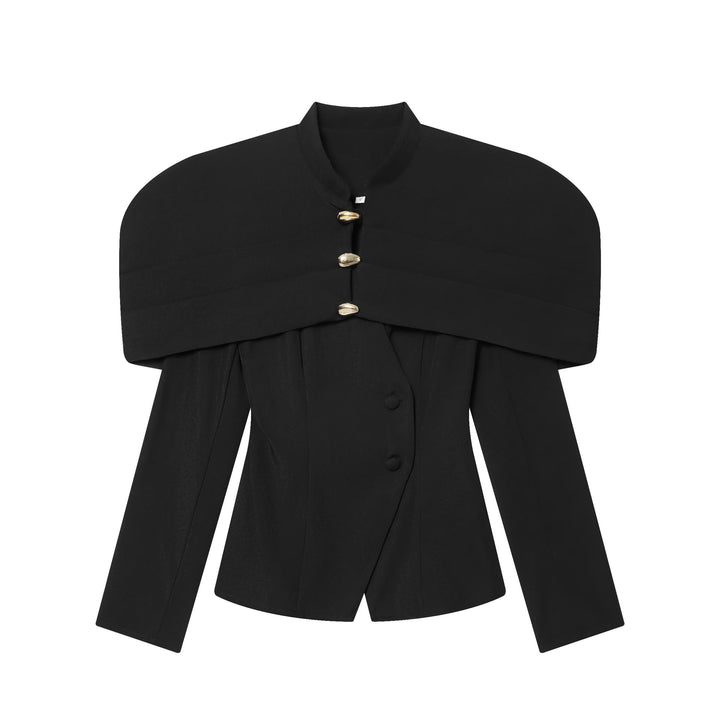 Damen 100+ eleganter taillierter Blazer mit Cape‑Schulter und goldenen Zierknöpfen Echo Archiv