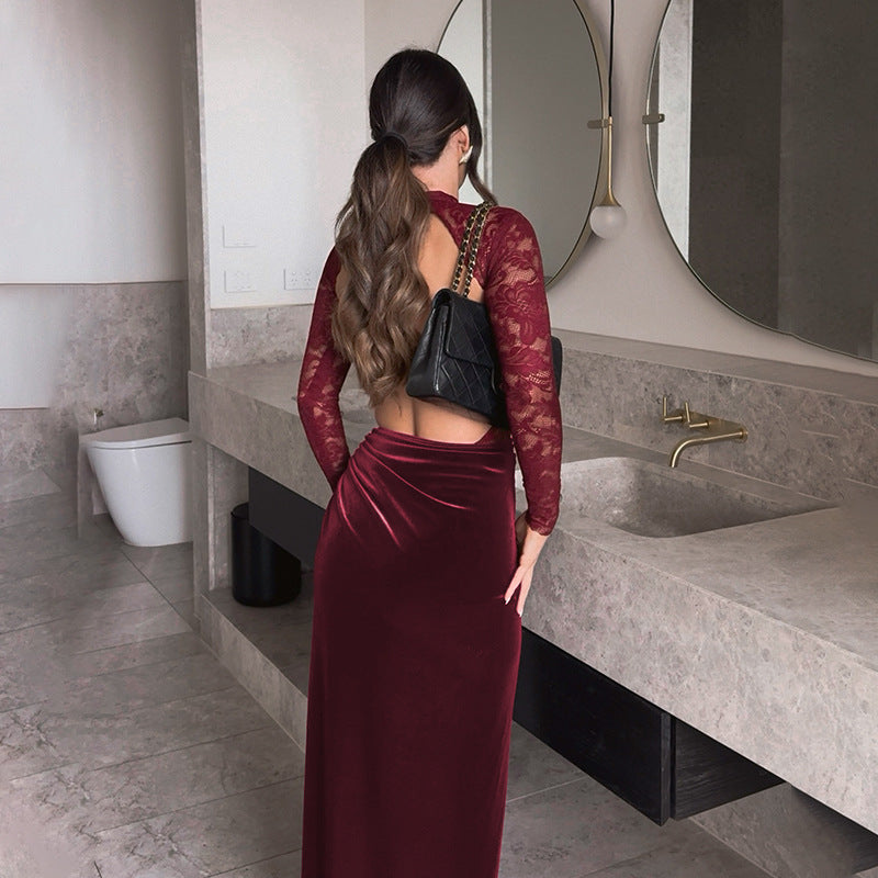 Damen Elegantes Spitzen- und Samt-Abendkleid mit hohem Schlitz und dekorativem Gürtel Echo Archiv