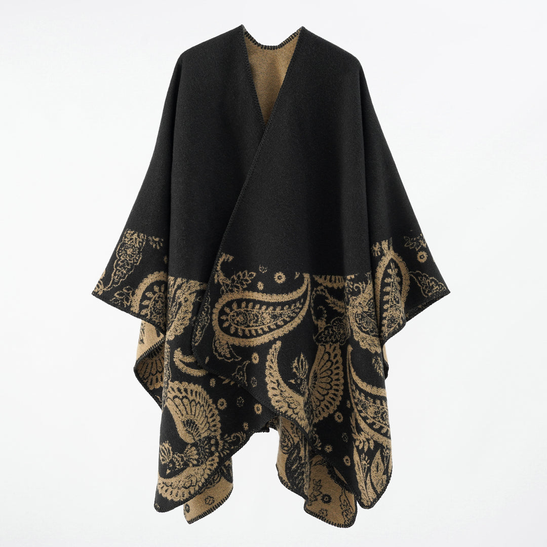 Damen Feines Woll-Cape im Überwurfstil mit kontrastierender Border-Jacquard – Avérine