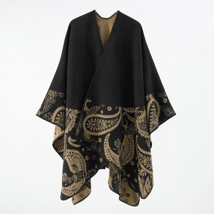 Damen Feines Woll-Cape im Überwurfstil mit kontrastierender Border-Jacquard – Avérine